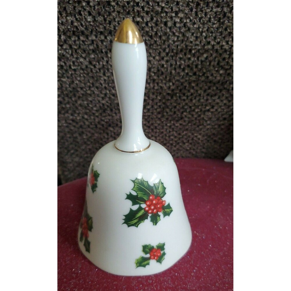 VINTAGE Lefton Christmas Bell Holly Berry White w Gold Trim #7944 Hand Painted